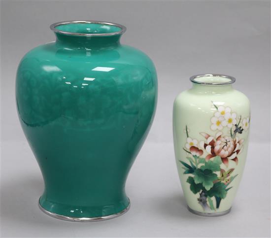 A large Ando musen enamel vase and a Japanese silver wire cloisonne enamel vase
